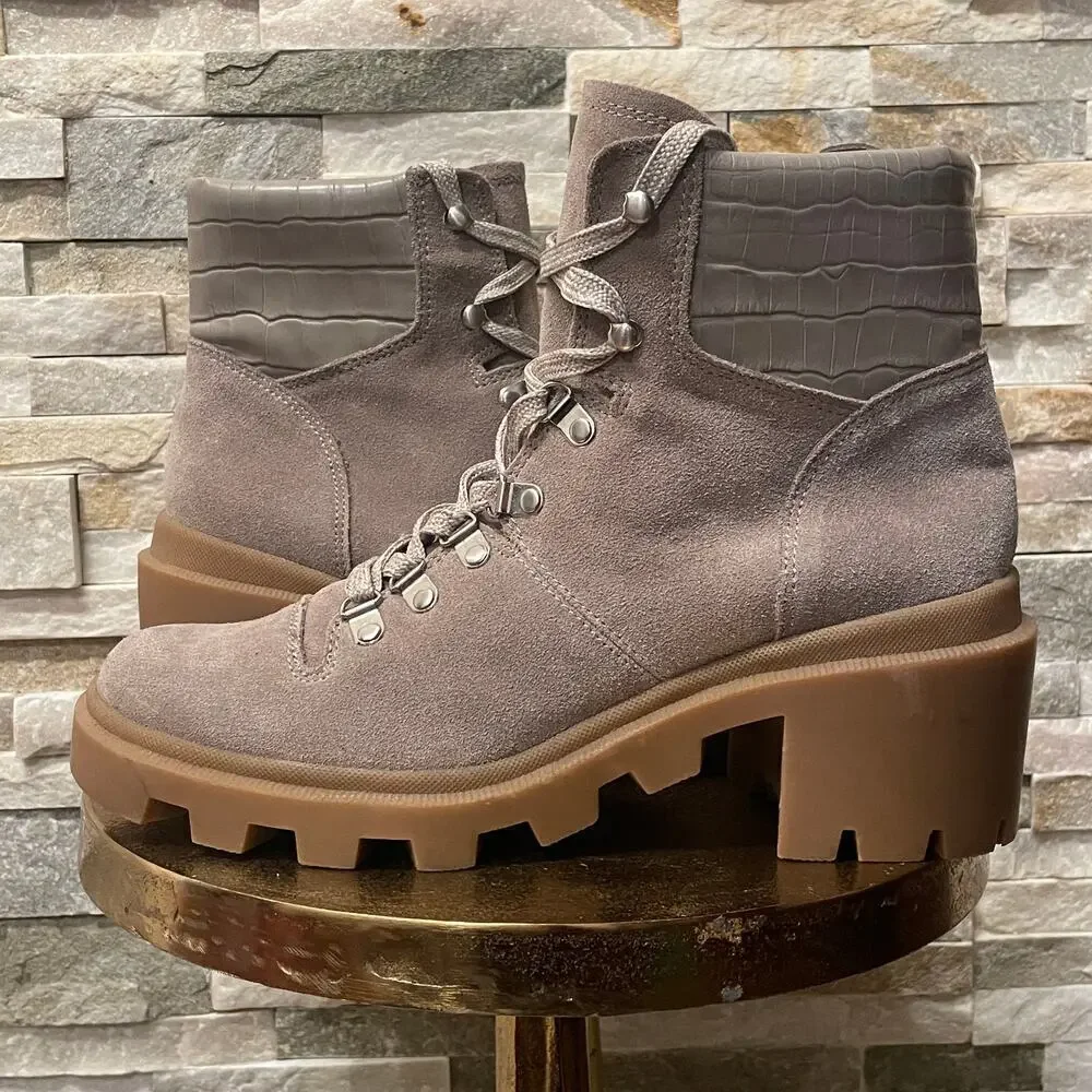 New Dolce Vita Rubi Lug Sole Combat Boots | Taupe Suede Croc Trim NWOB, 10